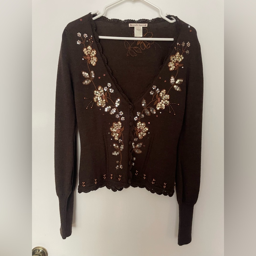 Nanette Lepore Brown Floral Sequin Embellished Cardigan